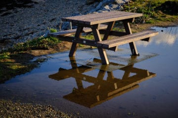 Picnic bench in puddle